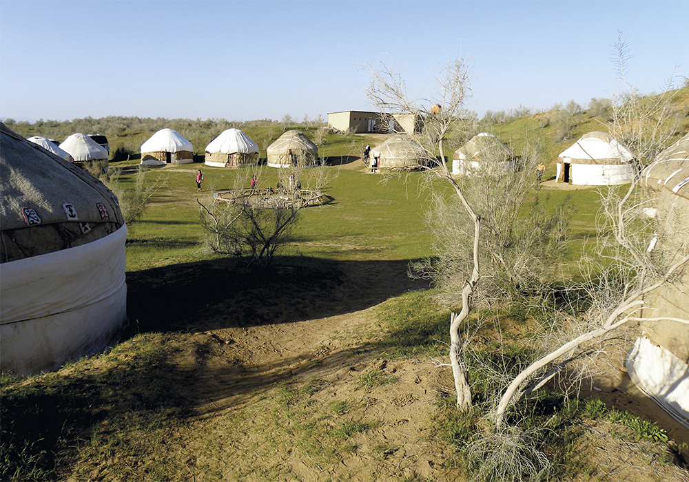 Désert du Kyzylkoum. Comme pour reposer nos yeux de tant de beauté(s) et permettre de les intégrer, nous passons deux nuits dans un campement de yourtes près du lac salé turquoise Aydar.