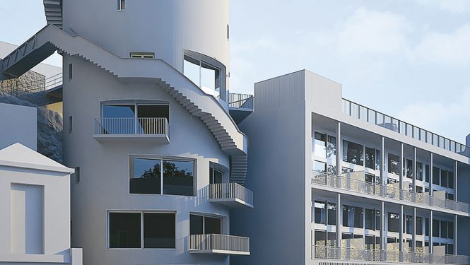 Image de synthèse du chantier complet : l'ancien silo à sucre de Suchard, l'ancien hangar à palettes transformé en lofts et le bâtiment historique