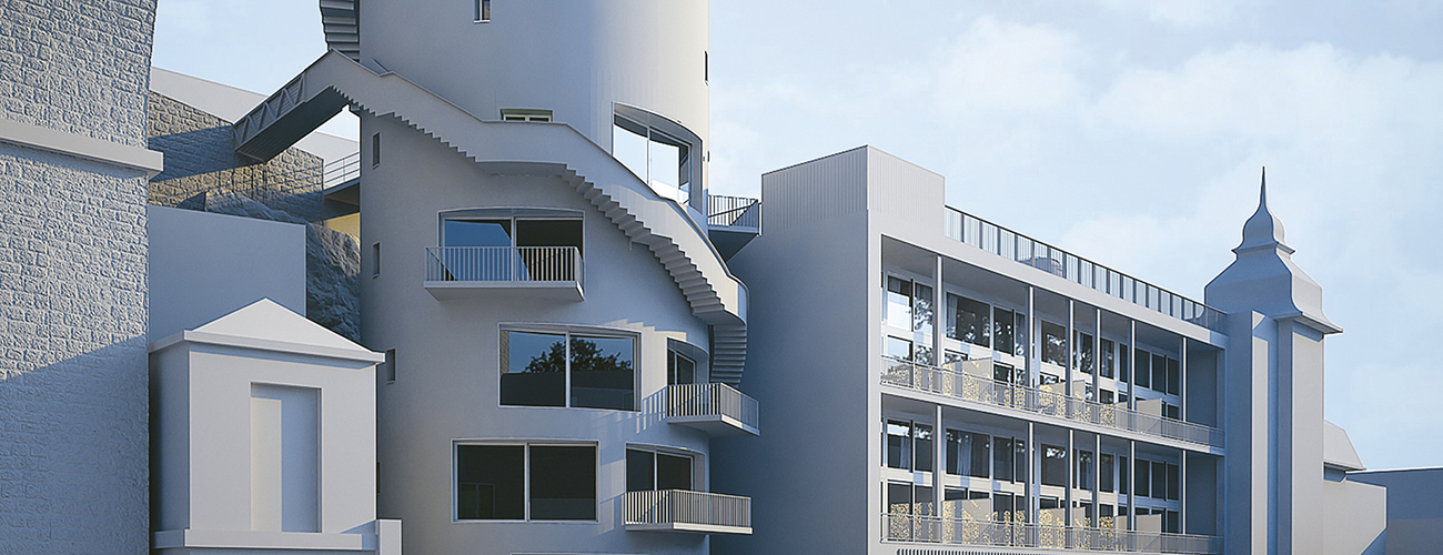 Image de synthèse du chantier complet : l'ancien silo à sucre de Suchard, l'ancien hangar à palettes transformé en lofts et le bâtiment historique