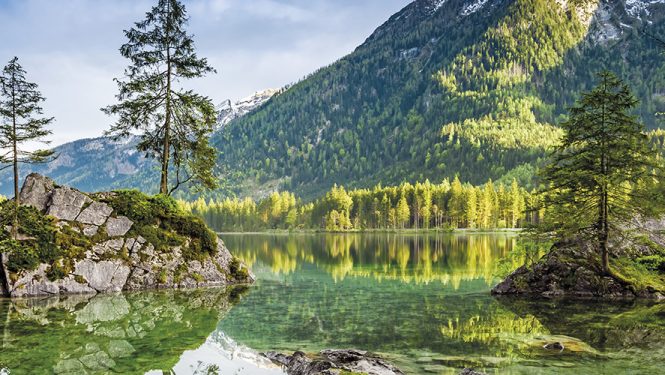 Spring sunrise at Hintersee lake in Alps, Germany