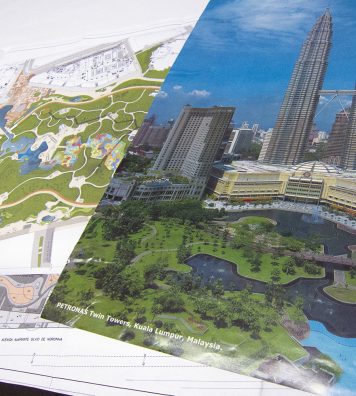 Le plan de rénovation pour les Twin Towers de Kuala Lumpur. Formes abstraites, contours sinueux, points d’eau, végétation locale… autant de caractéristiques de l’œuvre de Burle Marx.