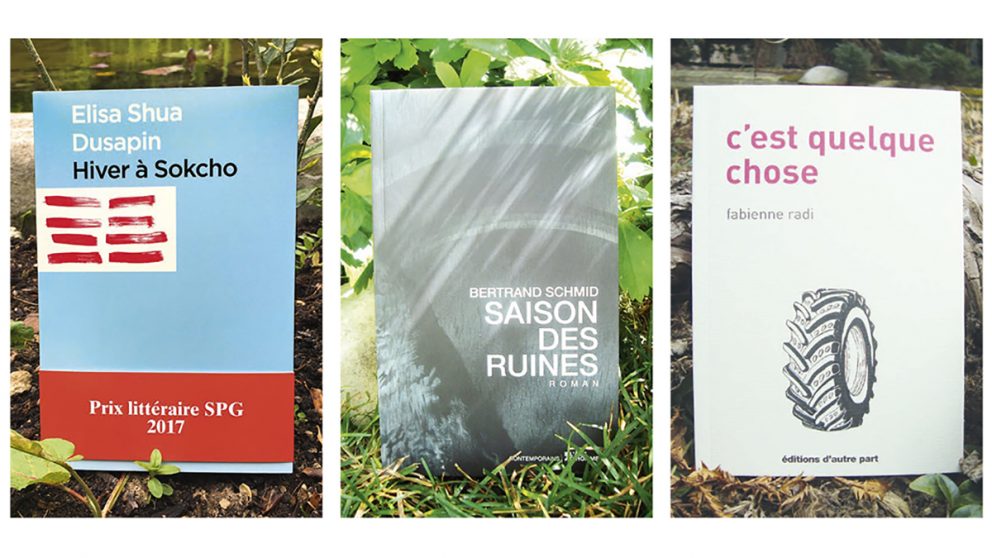 Prix littéraire SPG 2017. Cette année, les membres du jury du Prix littéraire SPG ont reçu trente-quatre premiers romans, soit six de plus que l’année passée. La lauréate du Prix SPG 2017 est Élisa Shua Dusapin pour son livre « Hiver à Sokcho » publié aux Éditions Zoé. Les deux autres finalistes sont : Bertrand Schmid pour « Saison des ruines » aux Éditions L’Âge d’Homme et Fabienne Radi pour « C’est quelque chose » aux Éditions D’autre part.