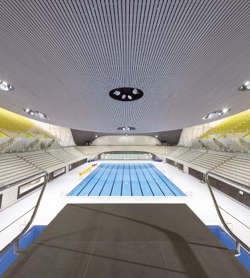 London Aquatics Centre, Angleterre, 2011/2014. L’intérieur des piscines Olympiques conçues par Zaha Hadid pour les Jeux olympiques en 2012.