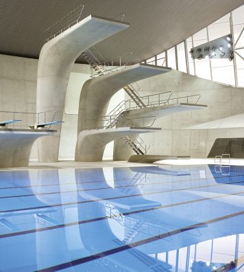 London Aquatics Centre, Angleterre, 2011/2014. L’intérieur des piscines Olympiques conçues par Zaha Hadid pour les Jeux olympiques en 2012.