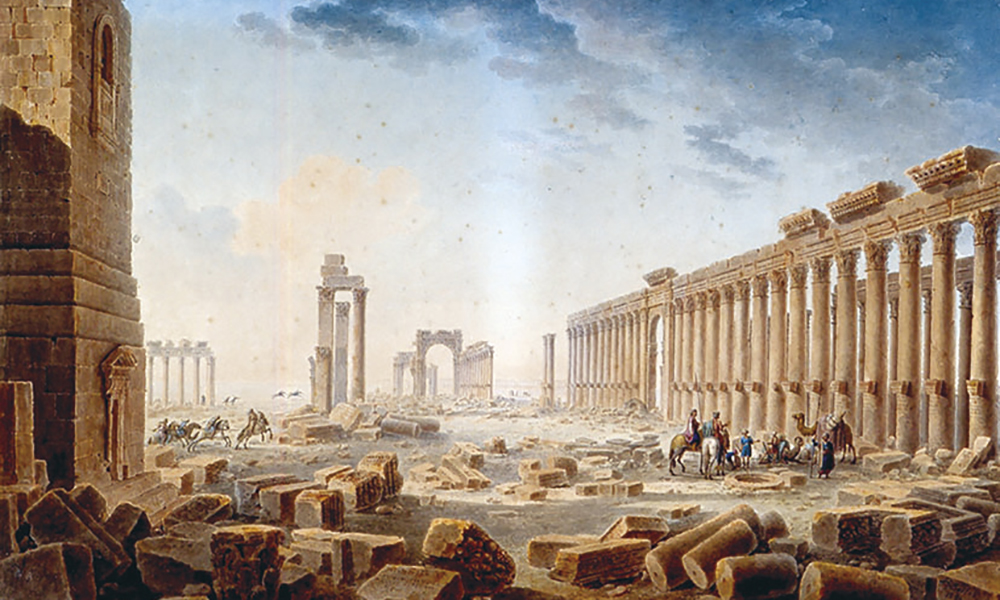 Les ruines de Palmyre par Louis-François Cassas (1756-1827), plume, encre de Chine et aquarelle. Cette aquarelle, datée de 1821, qui représente Palmyre est suggestive de l’imaginaire que véhiculaient, déjà au XIXe siècle, les ruines de la « perle du désert ».