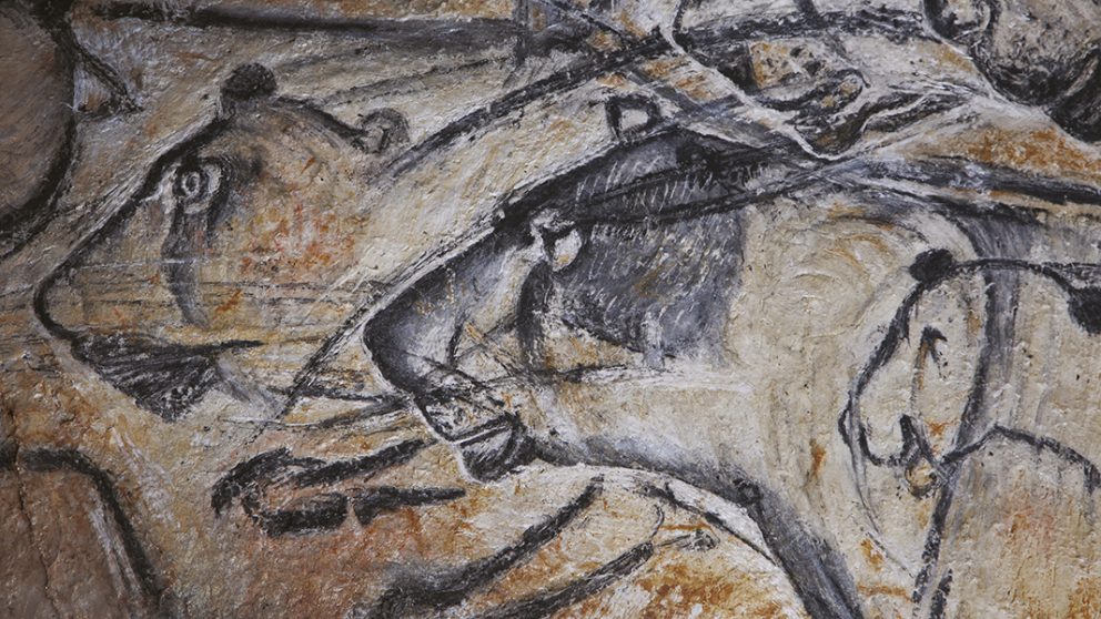 Caverne du Pont d’Arc en France. Réplique de la Grotte Chauvet, où se trouve le panneau des lions.