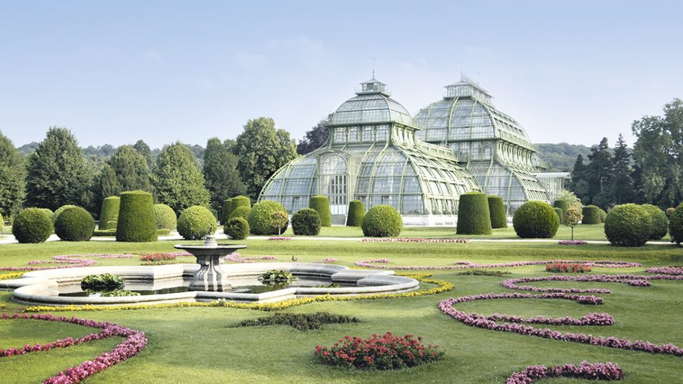 La grande serre tropicale de Schönbrunn, Vienne. Cet édifice remarquable est composé de trois coupoles à quatre pans dont la plus haute mesure 28 mètres pour accueillir les grands arbres tropicaux.