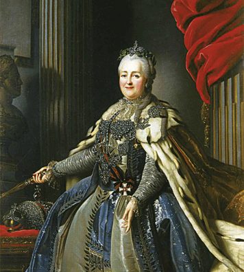 Portrait de Catherine II d’après Alexandre Roslin par un peintre anonyme. Huile sur toile, fin du XVIIIe siècle. Palais Catherine, Tsarskoïe Selo.