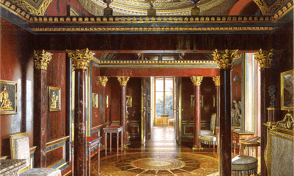 Le cabinet de Jaspe dans les chambres d’Agate de Catherine à Tsarskoïe Selo (Aquarelle par Luigi Premazzi, vers 1860 ; Palais de Tsarskoïe Selo). Les murs y sont entièrement plaqués de jaspe de l’Oural, selon la technique de la mosaïque de pierre dure florentine. © Palais de Tsarskoïe Selo