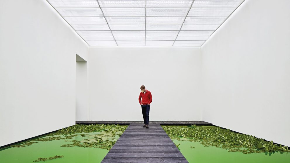 L'étang fluorescent à l’intérieur de la Fondation Beyeler.